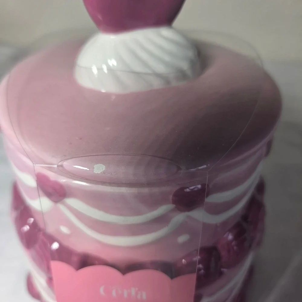 Cerra Pnk Tiered Cake Cookie Jar Heart Finial Vintage Style Ceramic CRCR-1020-PK